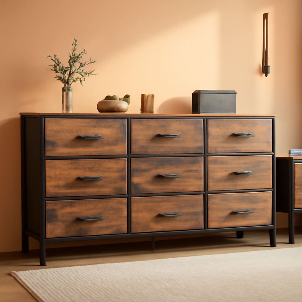 Rustic Brown 9 Drawer Dresser And TV Stand 47 Inch Wide