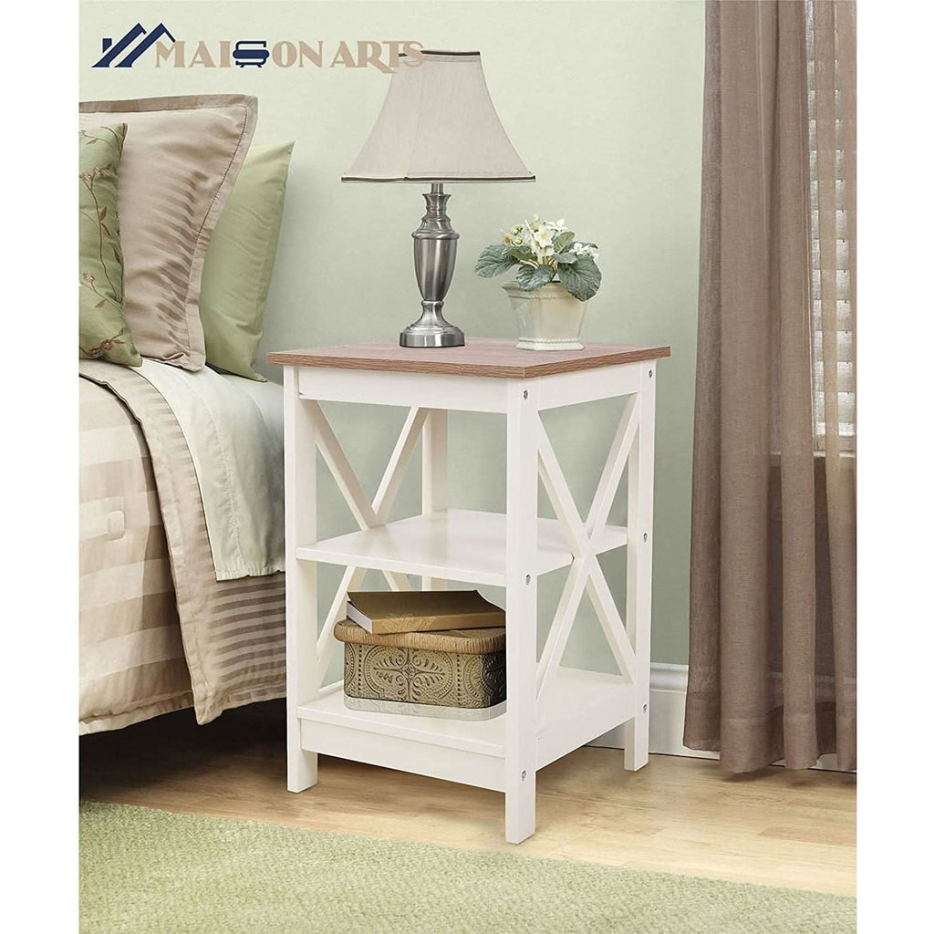 Lot de 2 Tables de Chevet Ivoire Rustique avec Étagères 60 cm