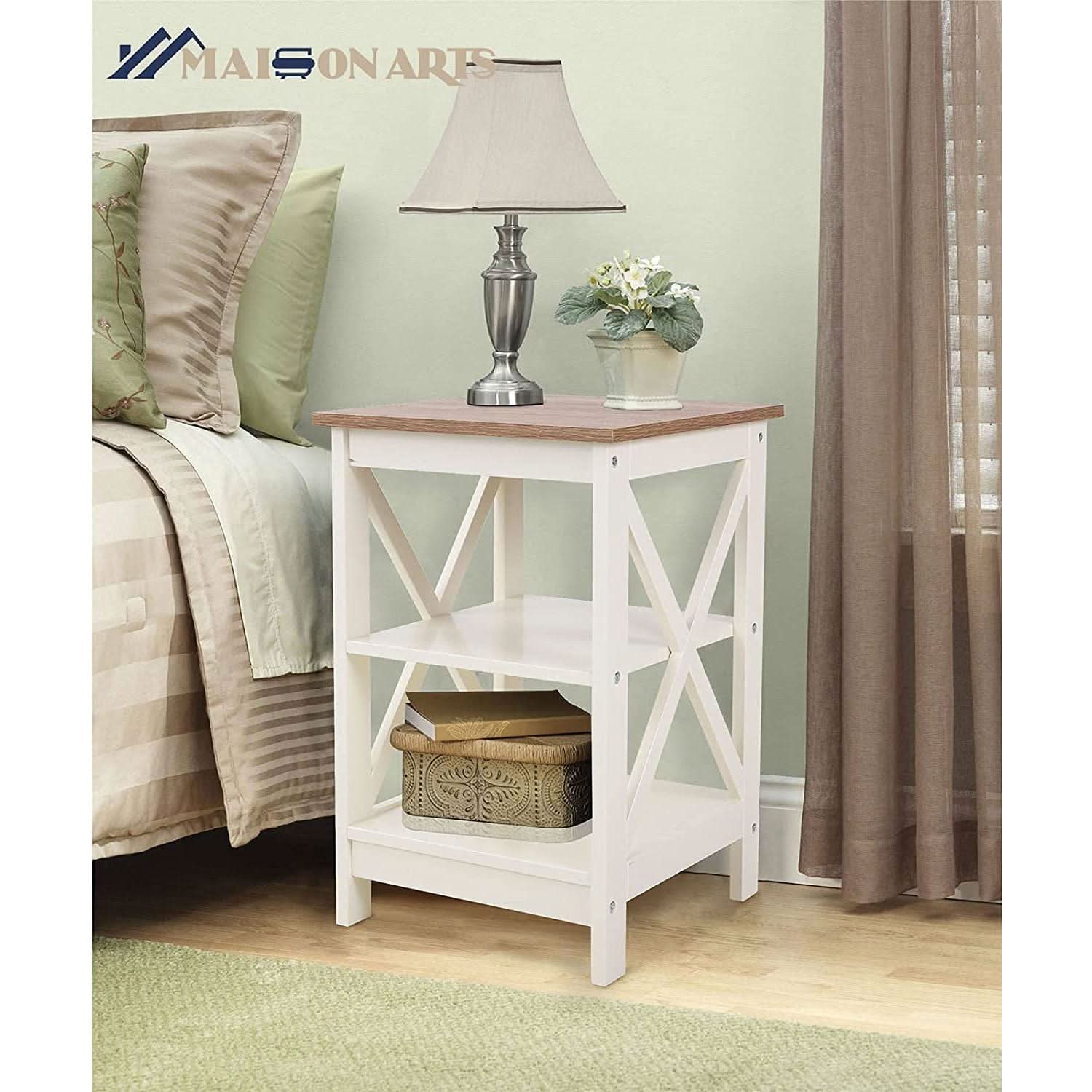 Lot de 2 Tables de Chevet Ivoire Rustique avec Étagères 60 cm