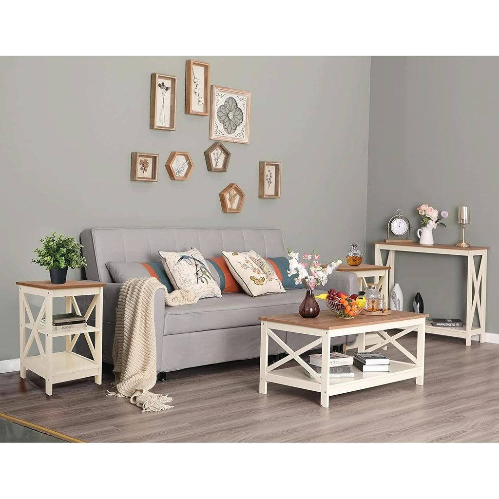 Lot de 2 Tables de Chevet Ivoire Rustique avec Étagères 60 cm
