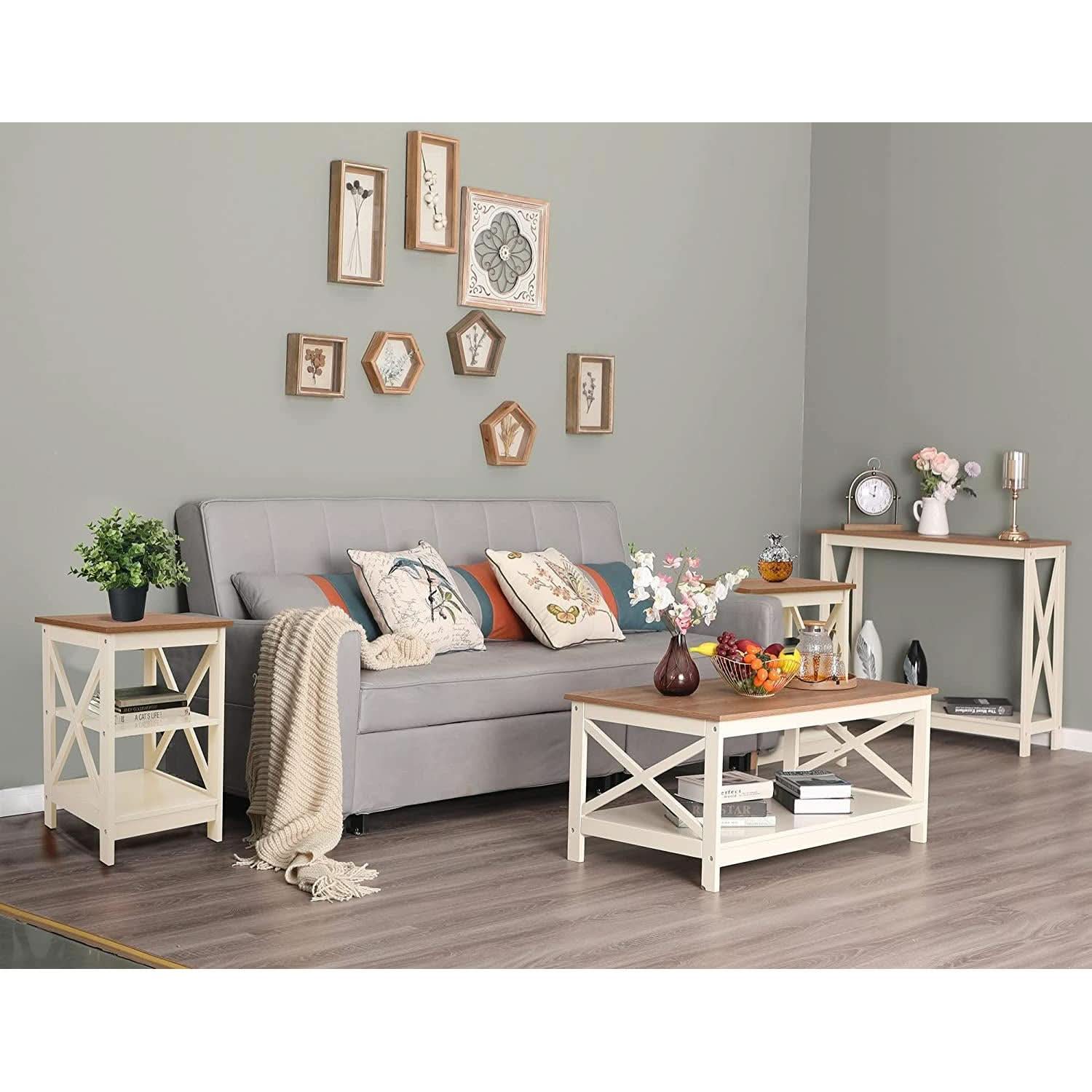 Lot de 2 Tables de Chevet Ivoire Rustique avec Étagères 60 cm