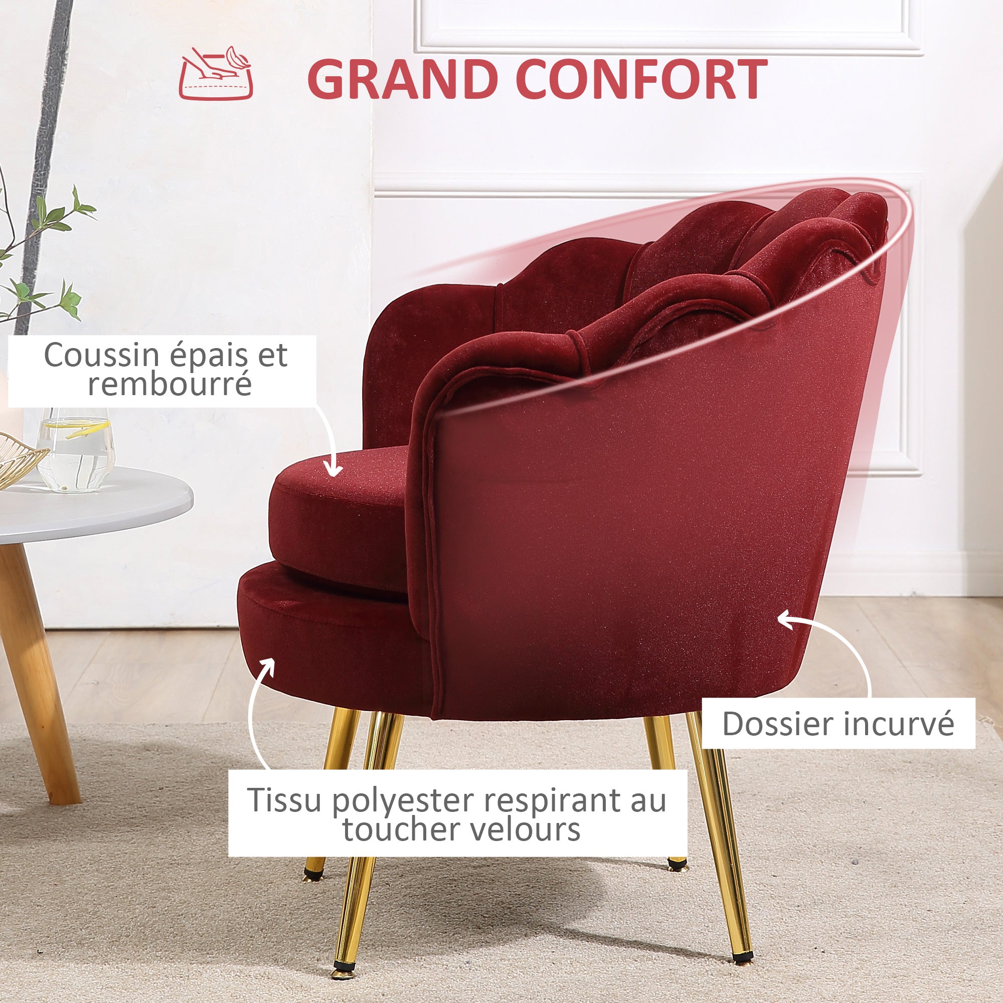 Fauteuil coquillage en velours rouge