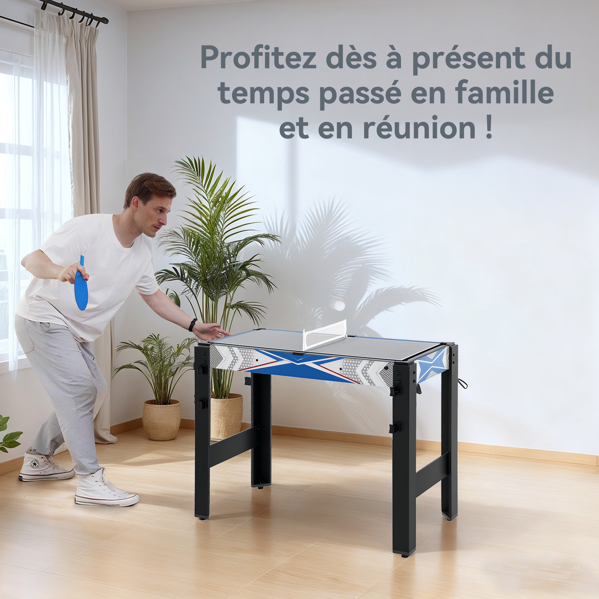 Table de jeux multifonctions 5 en 1, Billard, ping-pong, jeu de palets, mini basket, tir à l'arc, bleu