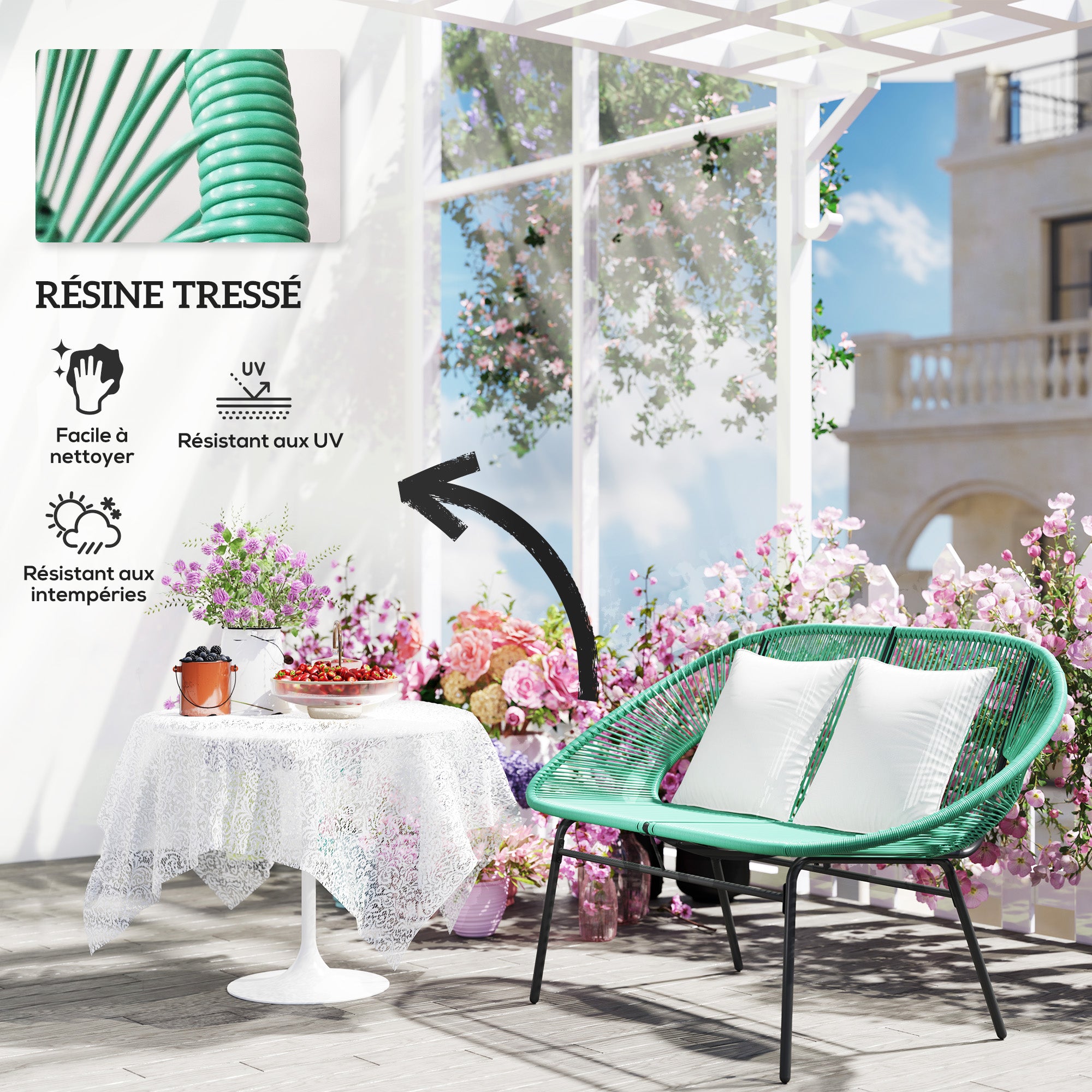 Banquette de jardin 2 places avec 2 coussins - vert foncé