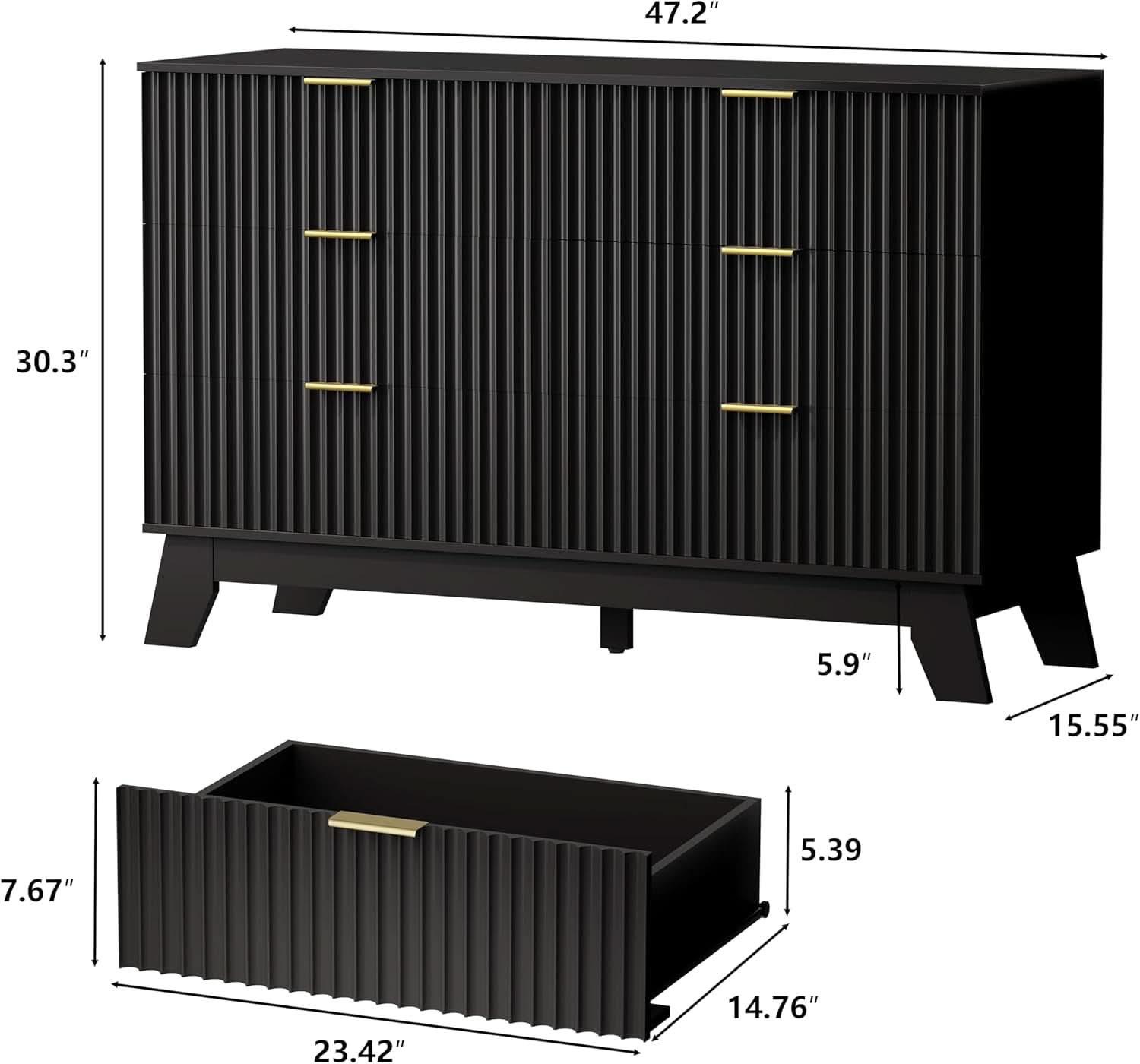 6 Drawer Dresser In Natural Wood With Fluted Front And Gold Handles