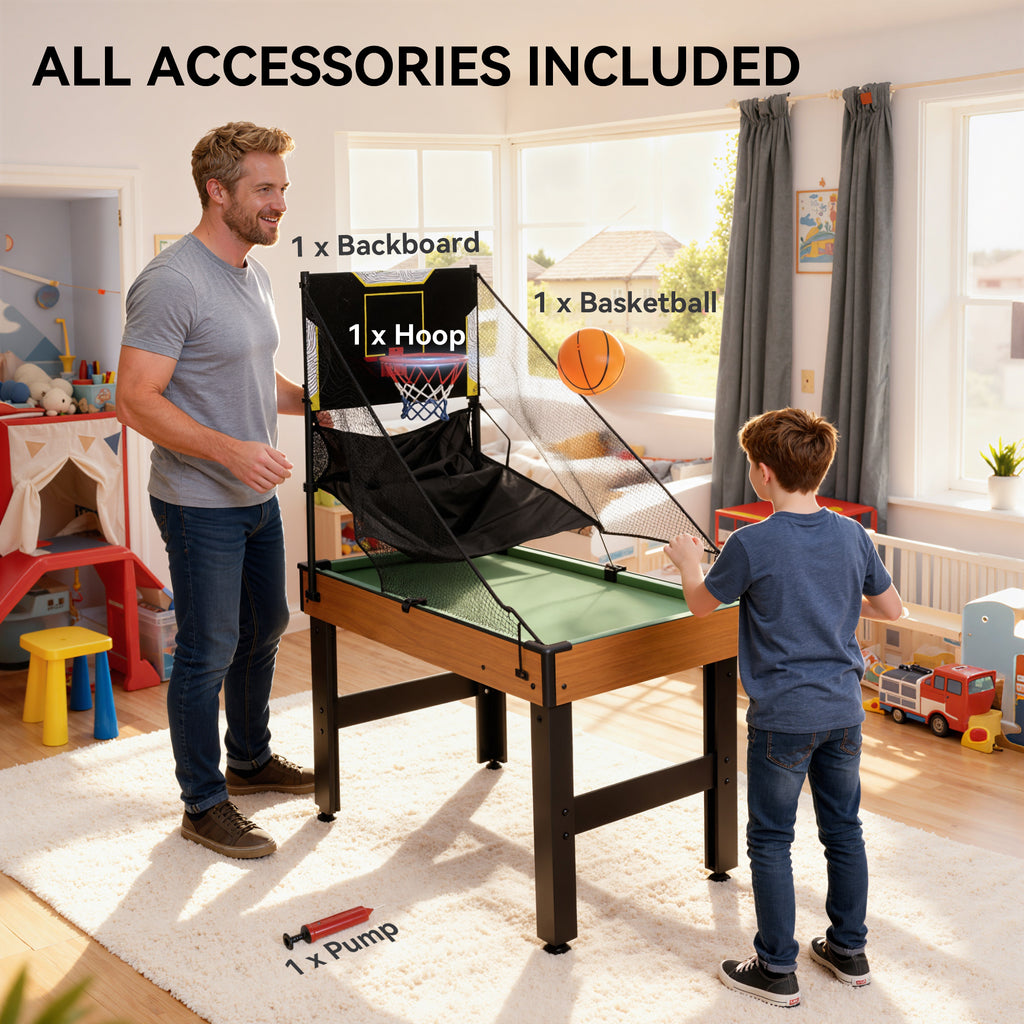 Table MultiJeux 5 en 1 Babyfoot Billard Air Hockey Ping-Pong et Basket Accessoires 134x108x144cm Marron Noyer