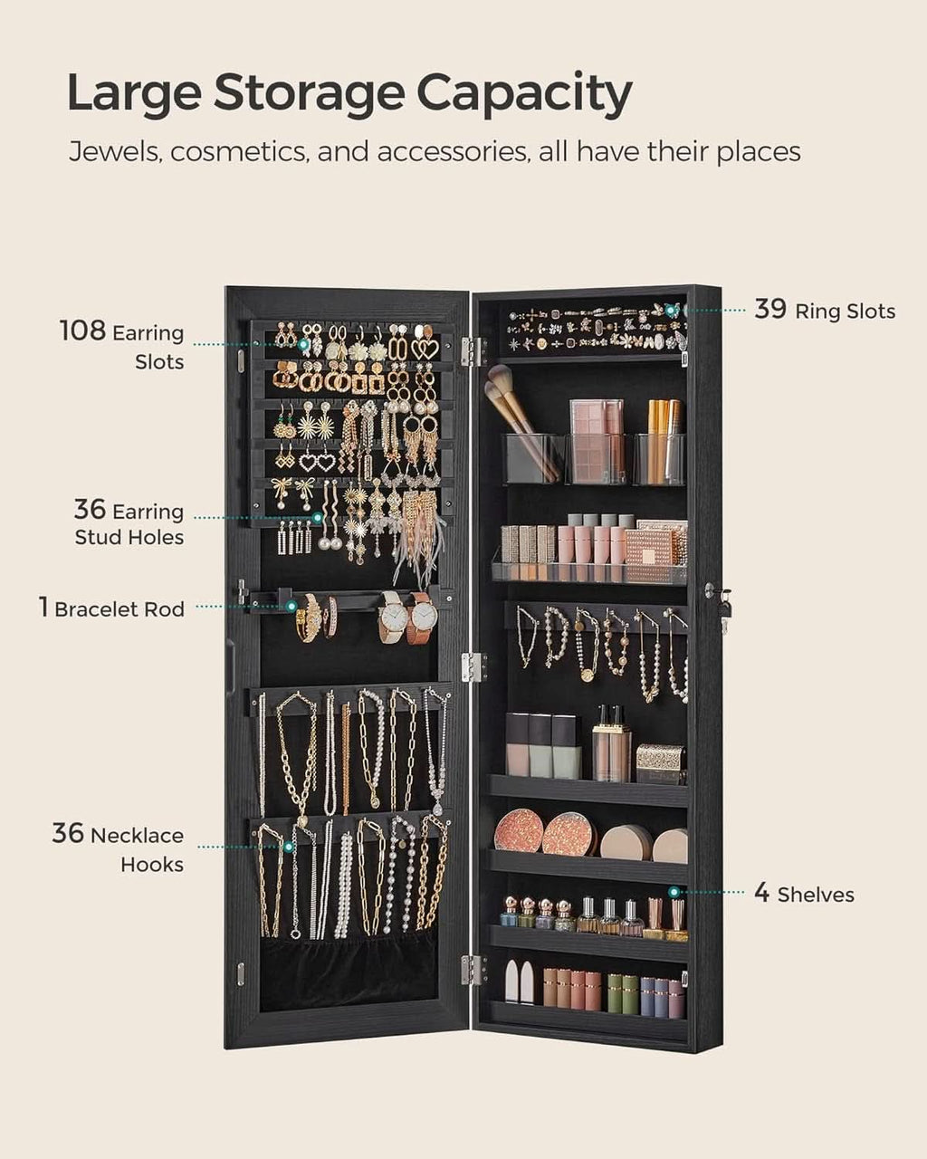 Armoire à Bijoux avec Miroir Murale Verrouillable