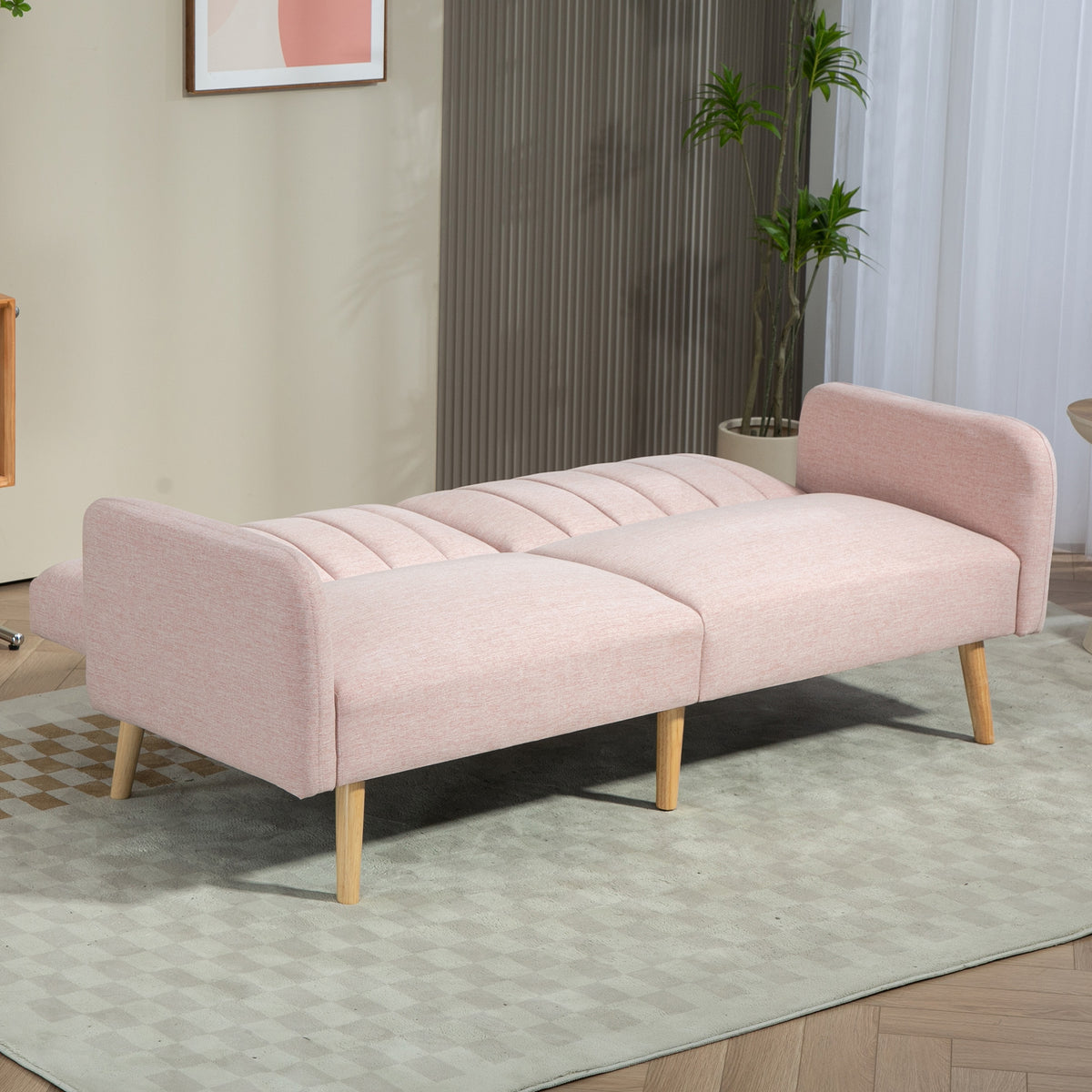 Canapé Convertible 2 Places Scandinave Rose – Tissu Aspect Lin, Dossier Inclinable 3 Positions, Pieds Bois