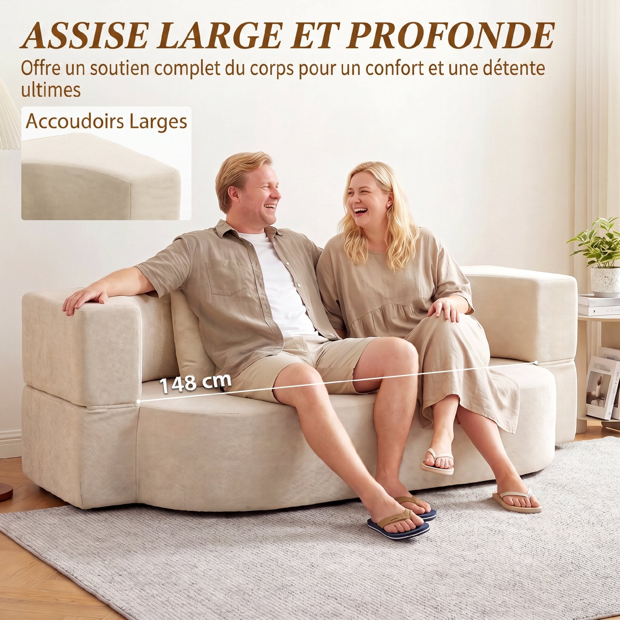 Canapé Convertible 2 Places, Canapé-Lit en Chenille 190cm, Dossier Rabattable, Assise et Accoudoirs Larges, Beige-5