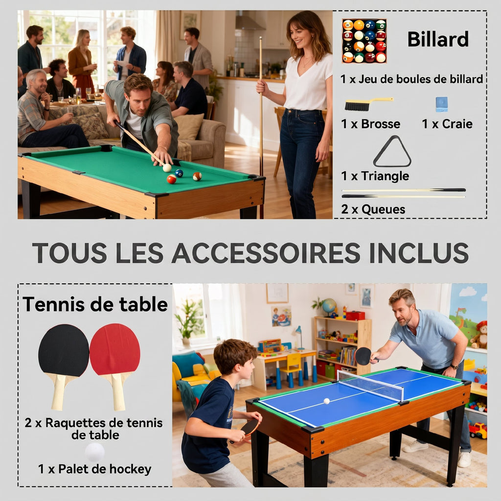 Table MultiJeux 5 en 1 Babyfoot Billard Air Hockey Ping-Pong et Basket Accessoires 134x108x144cm Marron Noyer