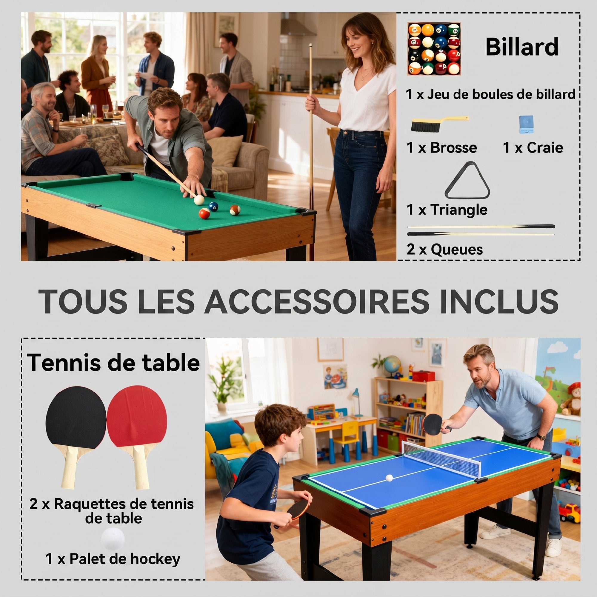 Table MultiJeux 5 en 1 Babyfoot Billard Air Hockey Ping-Pong et Basket Accessoires 134x108x144cm Marron Noyer