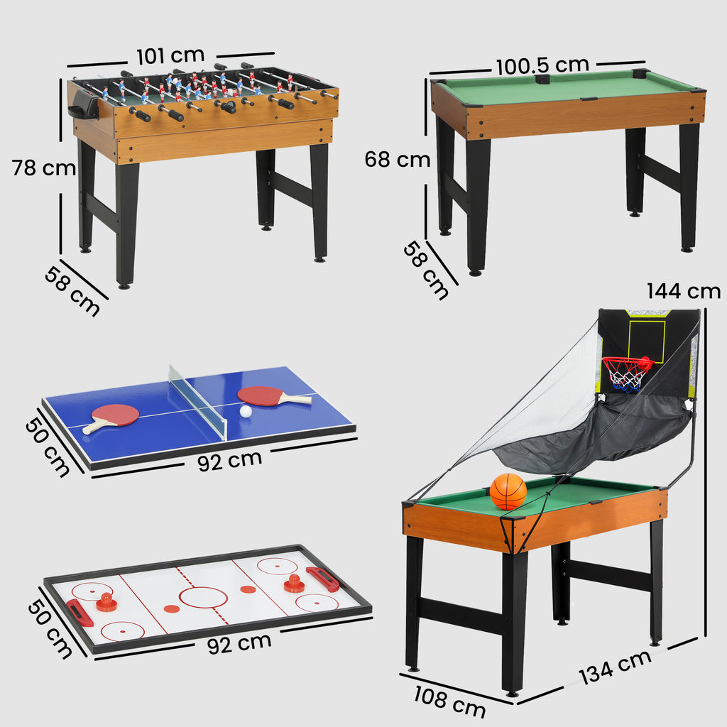 Table MultiJeux 5 en 1 Babyfoot Billard Air Hockey Ping-Pong et Basket Accessoires 134x108x144cm Marron Noyer