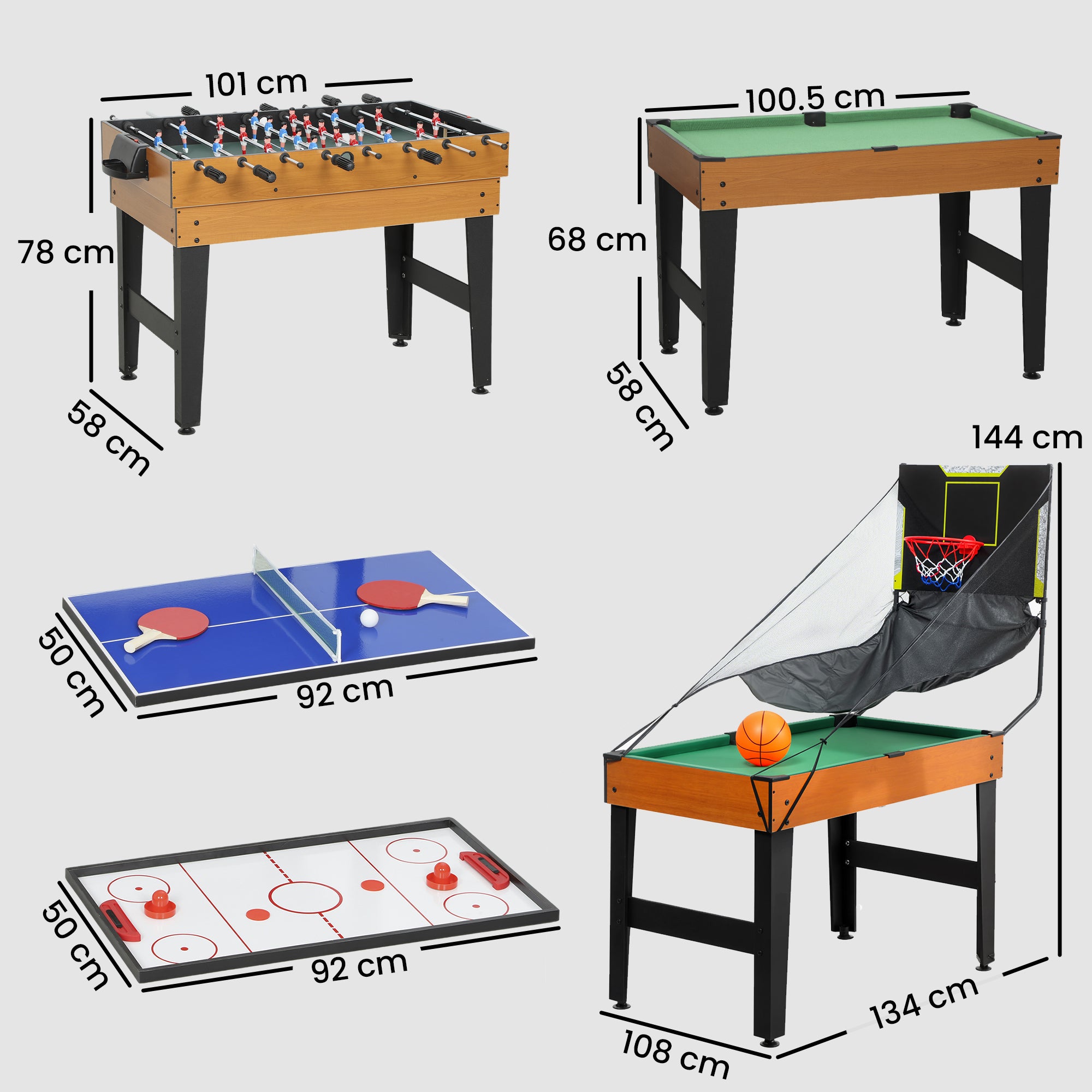 Table MultiJeux 5 en 1 Babyfoot Billard Air Hockey Ping-Pong et Basket Accessoires 134x108x144cm Marron Noyer