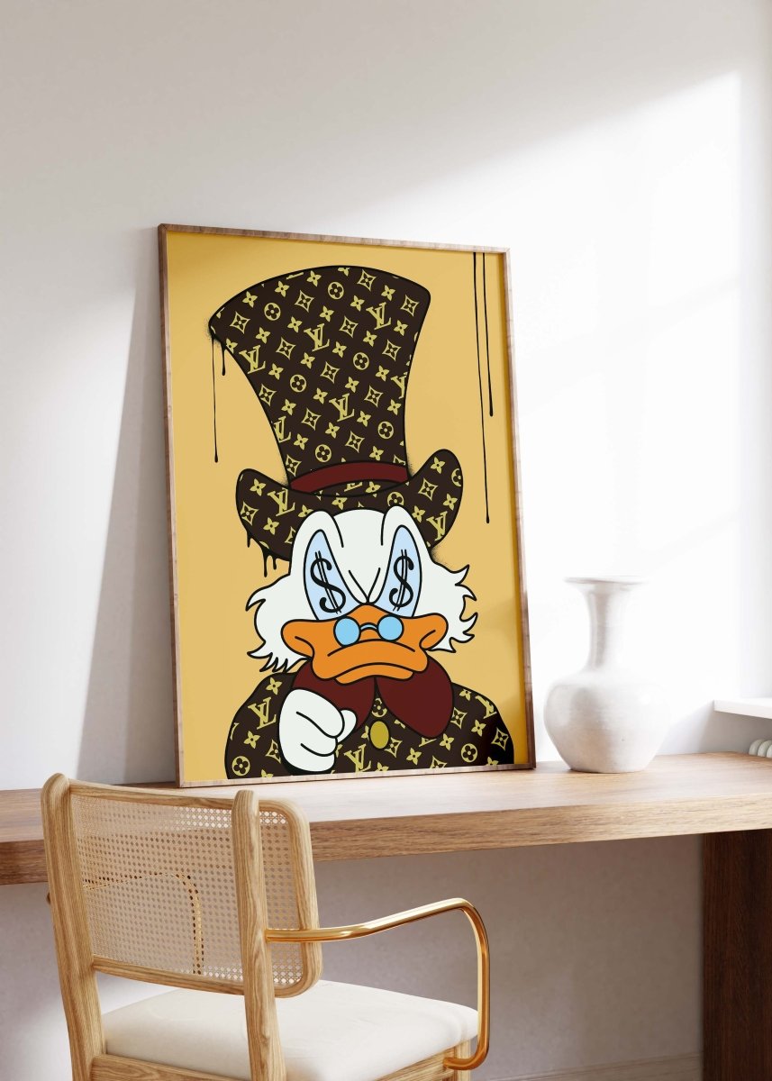 Affiche Canard Luxe Cartoon · Design Yeux Billet · Illustration Pop Art · Style Street Art · Art Mural Moderne · Impression sans Cadre