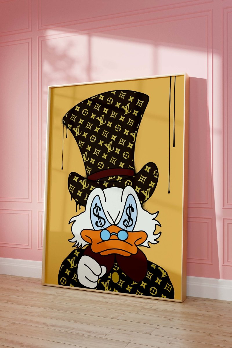 Affiche Canard Luxe Cartoon · Design Yeux Billet · Illustration Pop Art · Style Street Art · Art Mural Moderne · Impression sans Cadre