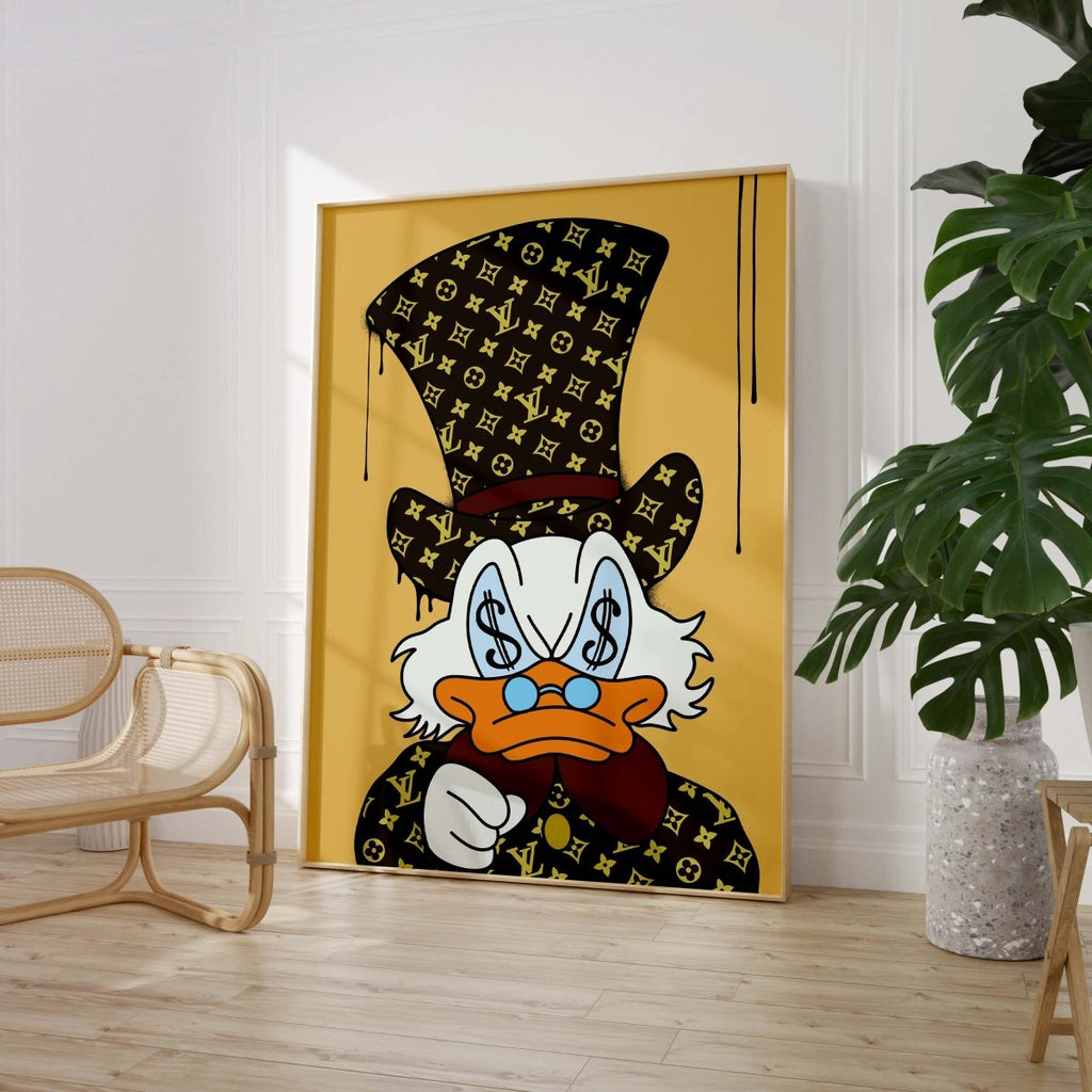 Affiche Canard Luxe Cartoon · Design Yeux Billet · Illustration Pop Art · Style Street Art · Art Mural Moderne · Impression sans Cadre