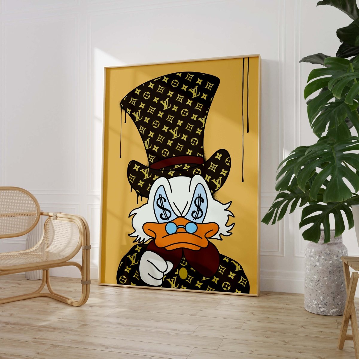 Affiche Canard Luxe Cartoon · Design Yeux Billet · Illustration Pop Art · Style Street Art · Art Mural Moderne · Impression sans Cadre