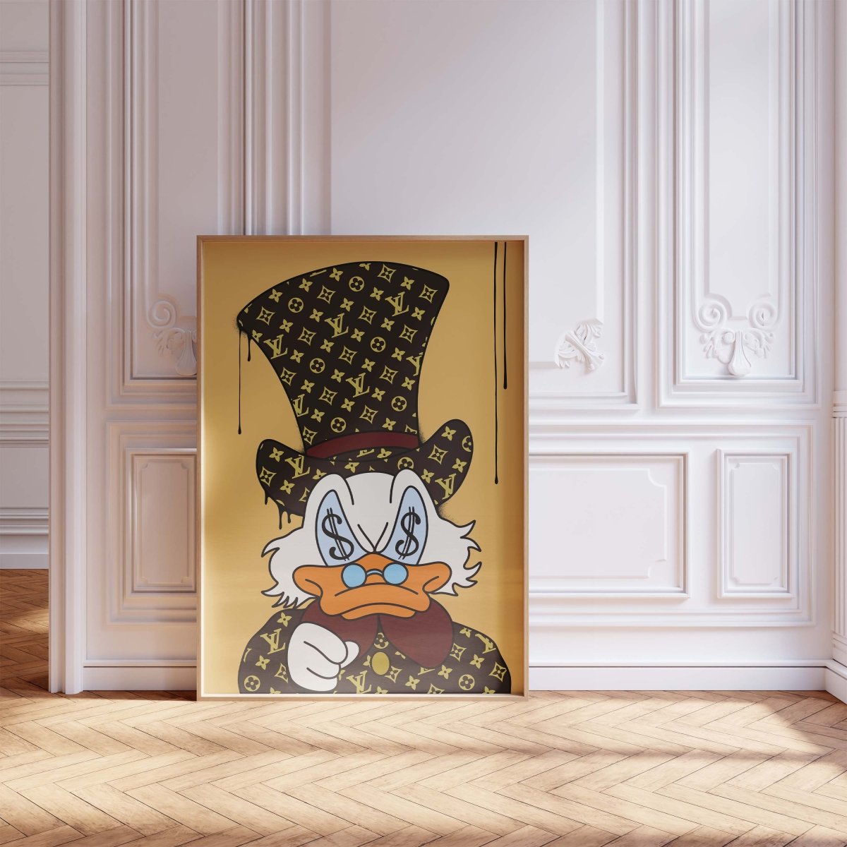 Affiche Canard Luxe Cartoon · Design Yeux Billet · Illustration Pop Art · Style Street Art · Art Mural Moderne · Impression sans Cadre