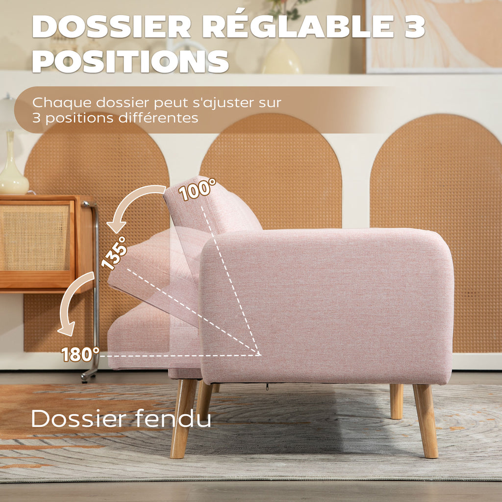Canapé Convertible 2 Places Scandinave Rose – Tissu Aspect Lin, Dossier Inclinable 3 Positions, Pieds Bois