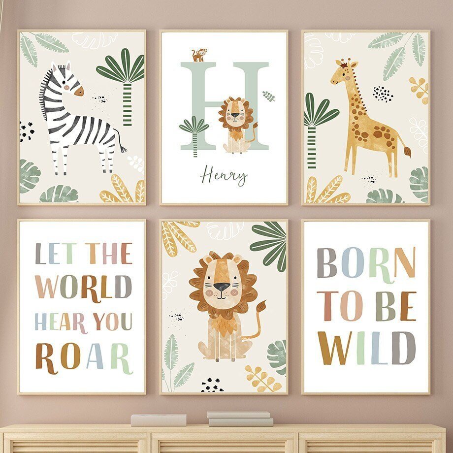 Affiche Chambre Enfant Animaux Jungle · Prénom Personnalisé · Décoration Murale · Impression sans Cadre
