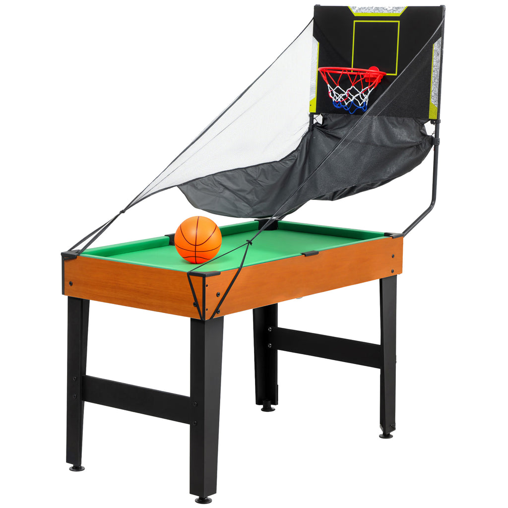Table MultiJeux 5 en 1 Babyfoot Billard Air Hockey Ping-Pong et Basket Accessoires 134x108x144cm Marron Noyer