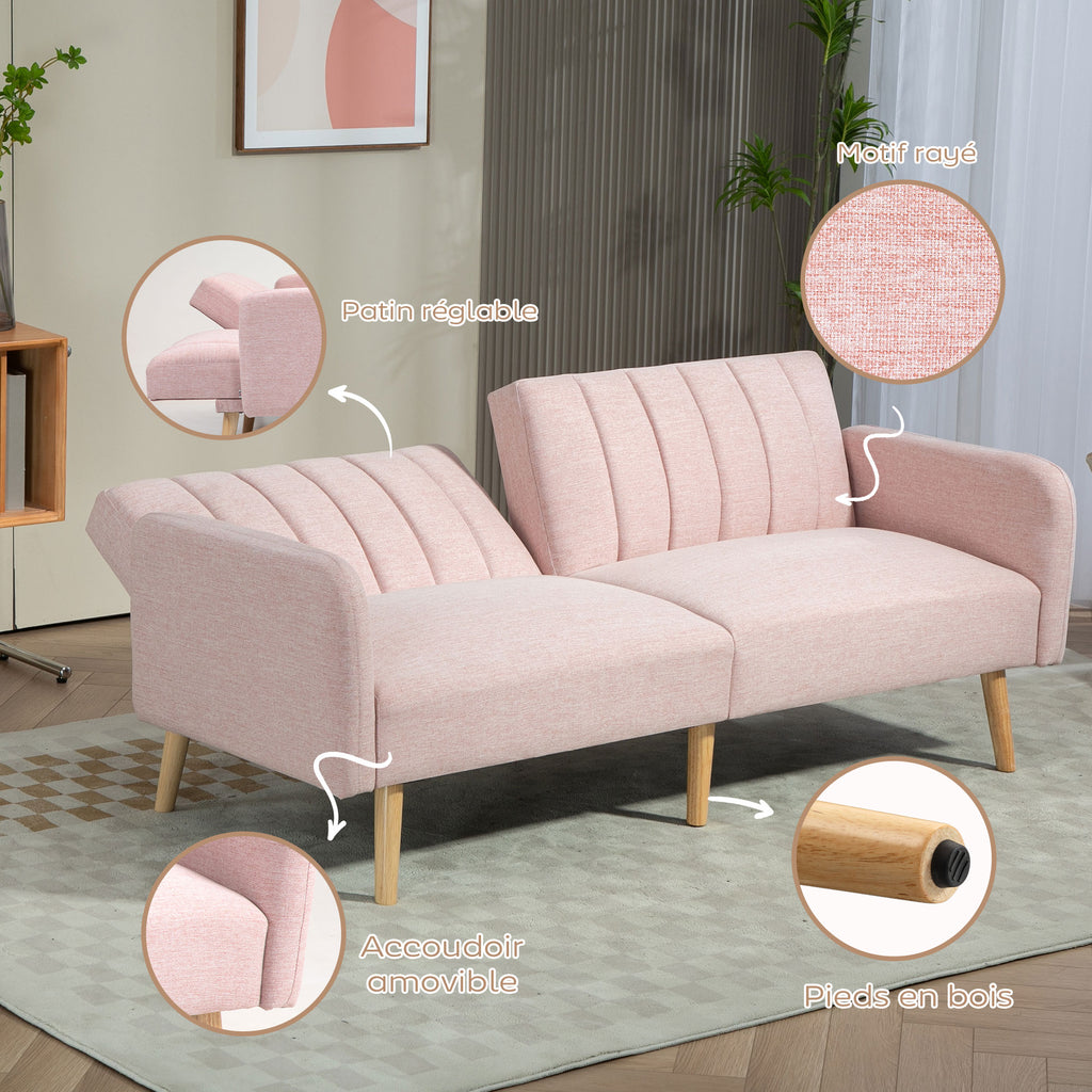 Canapé Convertible 2 Places Scandinave Rose – Tissu Aspect Lin, Dossier Inclinable 3 Positions, Pieds Bois
