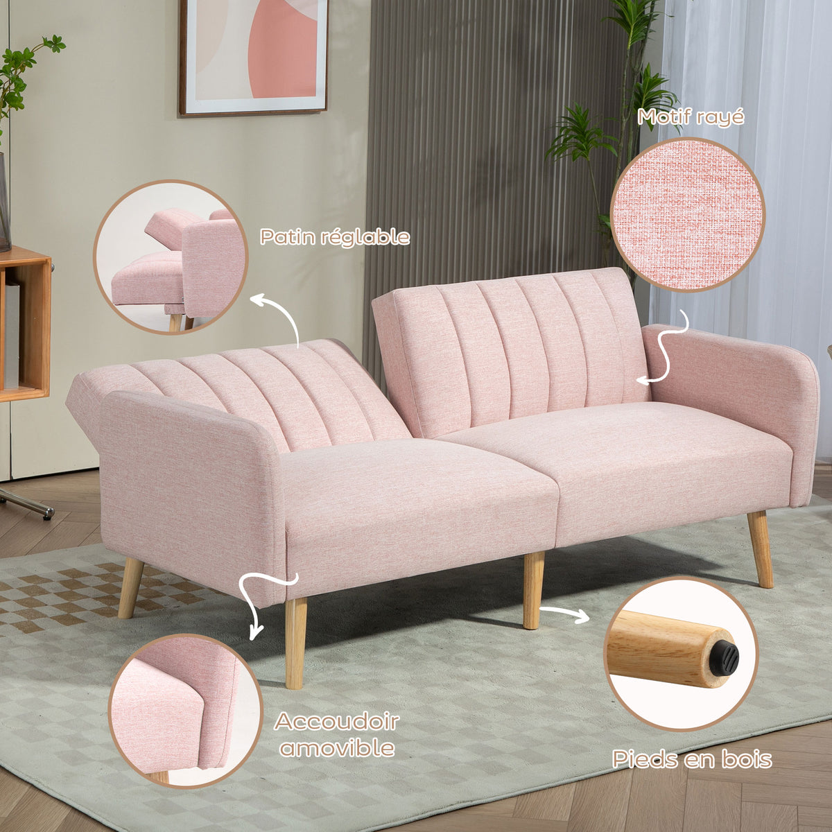 Canapé Convertible 2 Places Scandinave Rose – Tissu Aspect Lin, Dossier Inclinable 3 Positions, Pieds Bois
