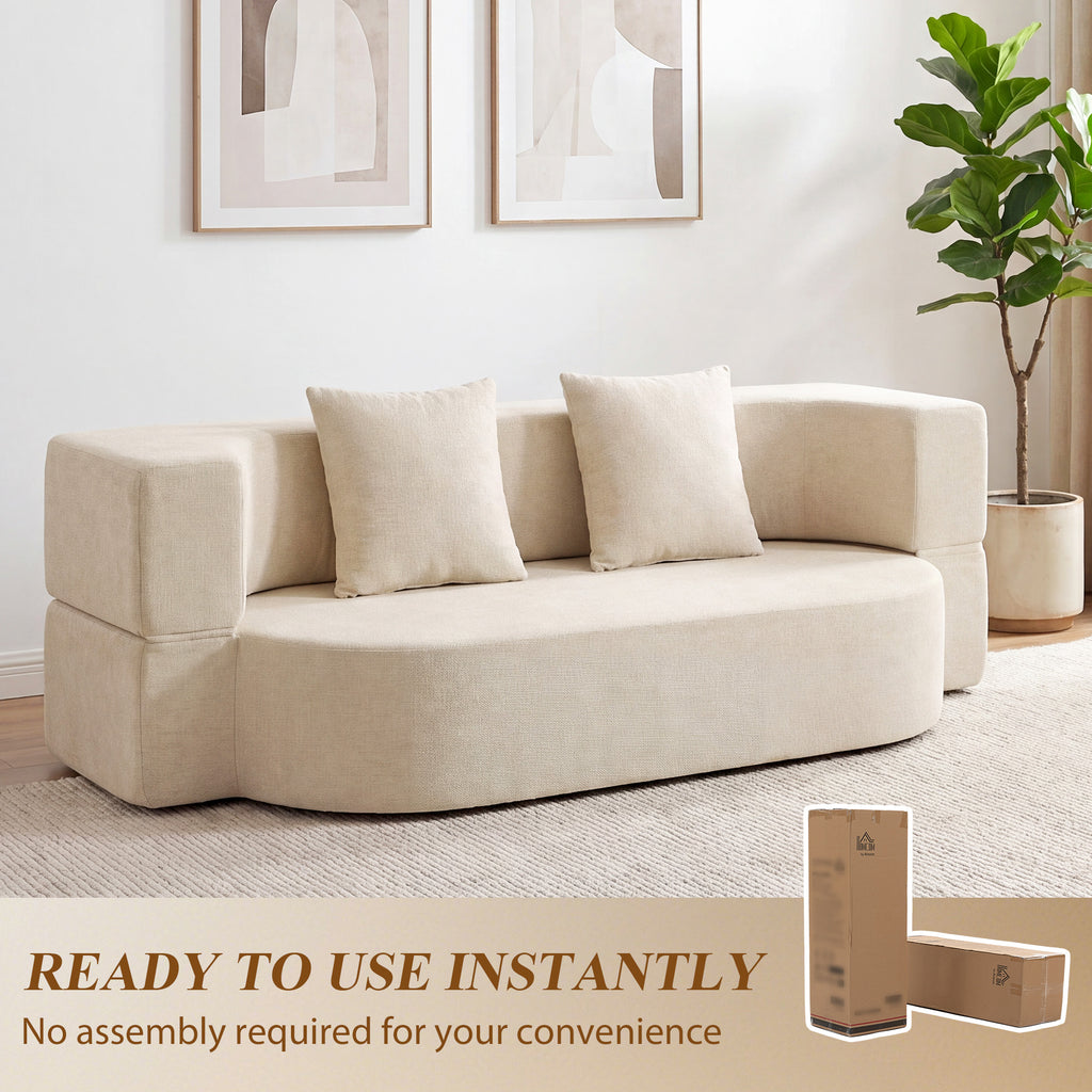 Canapé Convertible 2 Places, Canapé-Lit en Chenille 190cm, Dossier Rabattable, Assise et Accoudoirs Larges, Beige-6