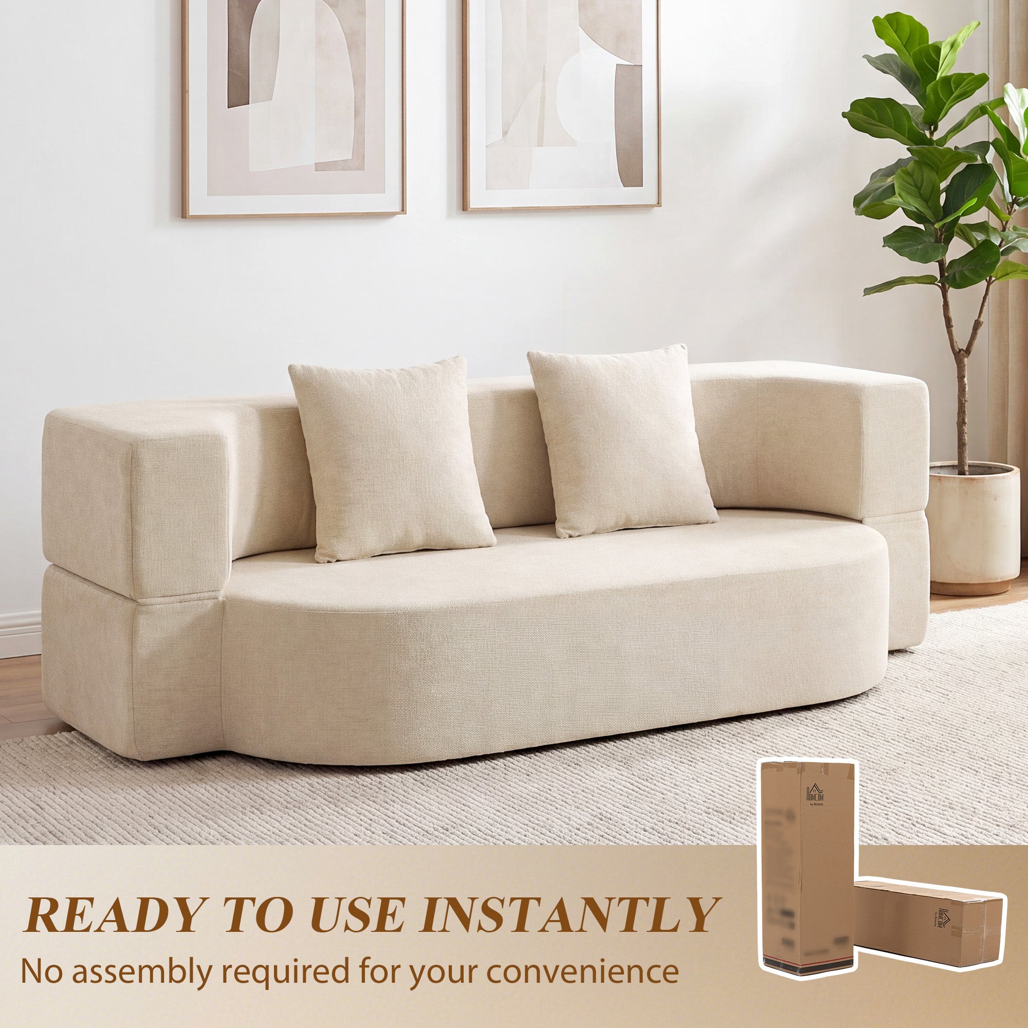 Canapé Convertible 2 Places, Canapé-Lit en Chenille 190cm, Dossier Rabattable, Assise et Accoudoirs Larges, Beige-6