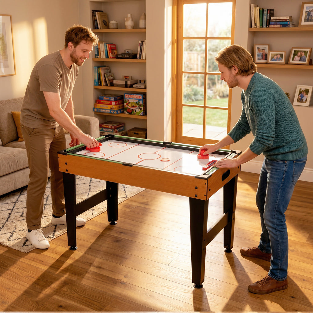 Table MultiJeux 5 en 1 Babyfoot Billard Air Hockey Ping-Pong et Basket Accessoires 134x108x144cm Marron Noyer