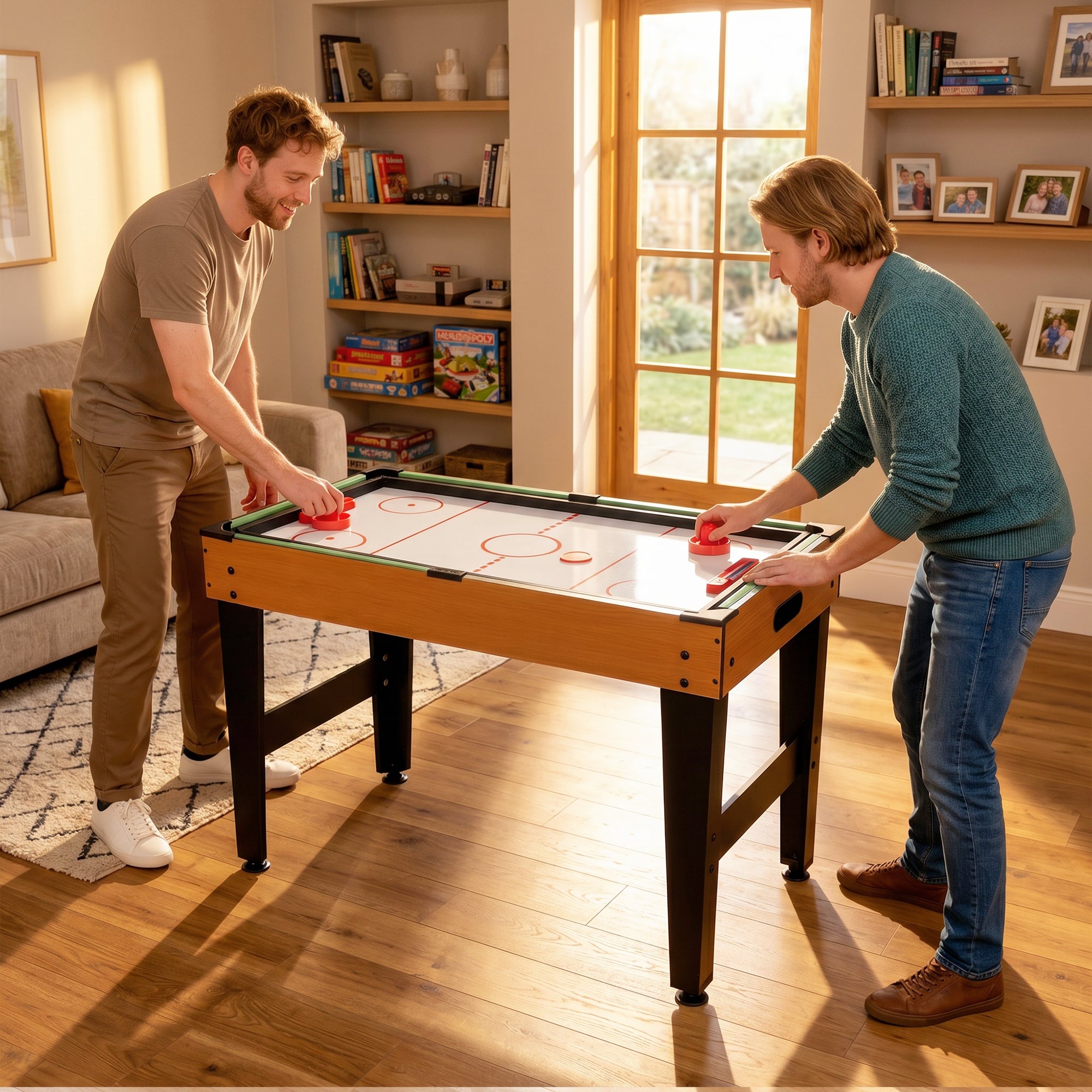 Table MultiJeux 5 en 1 Babyfoot Billard Air Hockey Ping-Pong et Basket Accessoires 134x108x144cm Marron Noyer